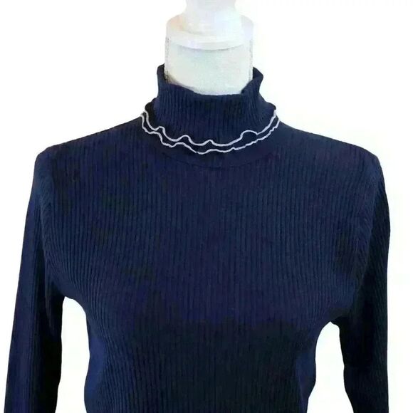 J.Crew Navy Blue Lettuce Edge Ribbed Long Sleeve Turtleneck Size Small - Picture 2 of 9